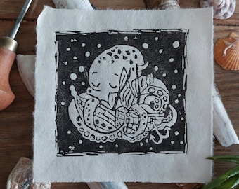 Baby Kraken handmade Lino Print