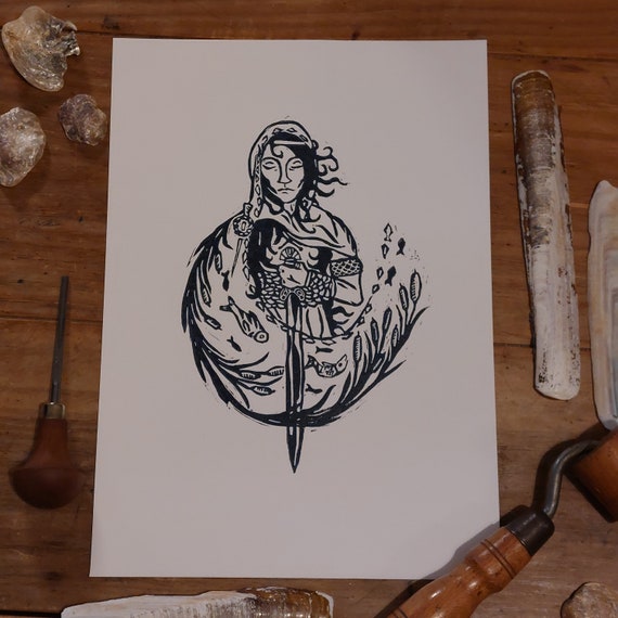 The Lady of the Lake from King Arthur A4 Lino cut print