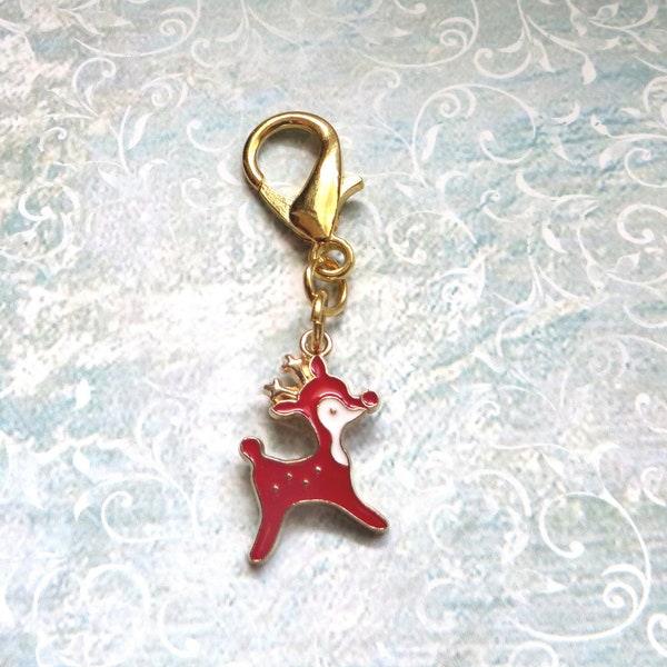 Red Reindeer stitch marker,  Christmas reindeer progress keeper, ring or clasp, planner charm