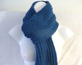 Teal Hand Knit Scarf, Blue Mens or Womens Rib Knit Classic scarf for winter or spring