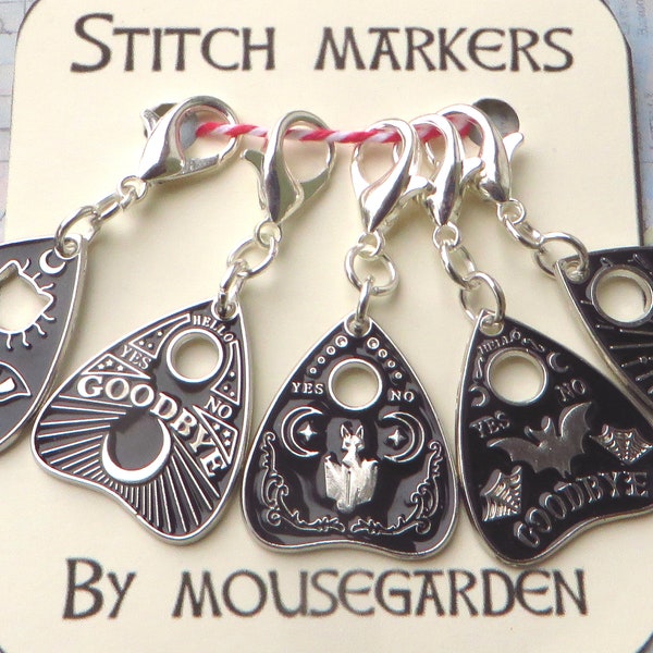 Gothic Cat Ouija stitch marker set of 5 ouija board planchettes, magical progress keepers for crochet and knitting