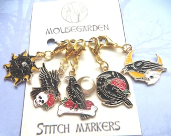 Raven Stitch Markers, roses, moons, suns, Set of 5