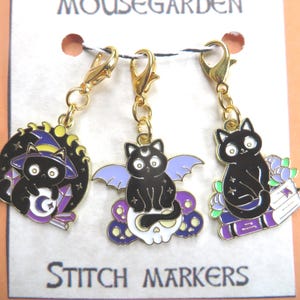 Witchy cats stitch markers set of 3, for knitting or crochet, Halloween kittens