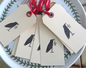 Handmade Christmas Tags, Crow and Star, Christmas Gift Wrapping, Hand Stamped Tags, set of 6 8 or 16