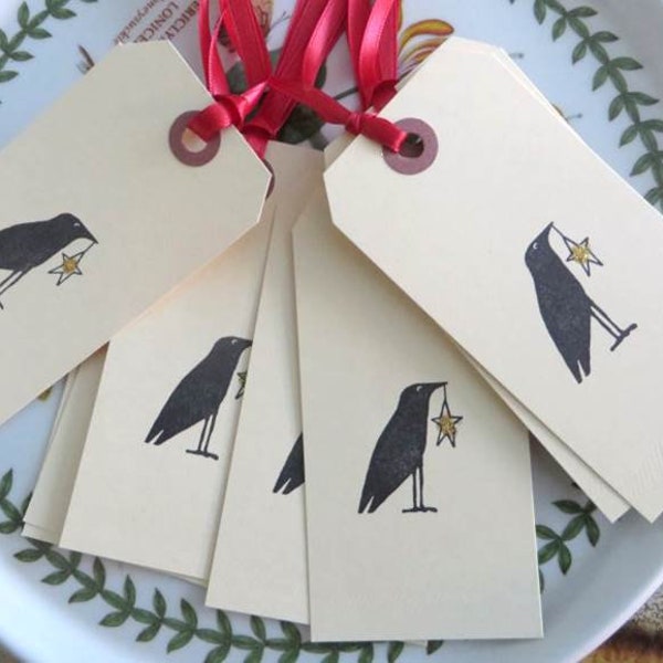 Handmade Christmas Tags, Crow and Star, Christmas Gift Wrapping, Hand Stamped Tags, set of 6 8 or 16