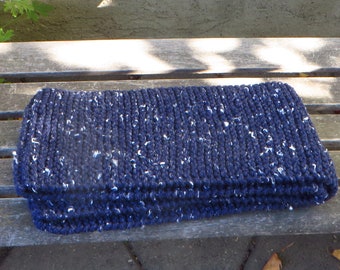 Dark Blue Knit Scarf, Wide and Chunky winter scarf, Hand knitted Blue Tweed acrylic