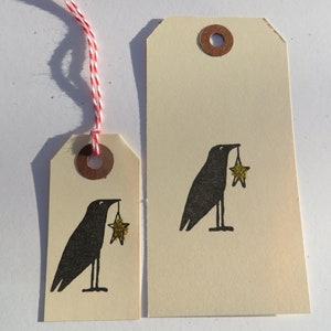 Mini étiquettes de Noël, corbeau et étoile, emballage cadeau de Noël, lot de 7 petites étiquettes pour cartes estampées à la main