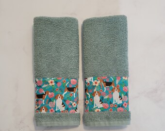 Green Beagle Floral Large Hand Towel Set - bathroom and kitchen towels - home decor - ready to ship - great gift - one of a kind