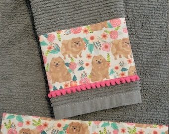 Pomeranian Floral Kitchen Towel Set - bathroom and kitchen towels - home decor - ready to ship - great gift - one of a kind