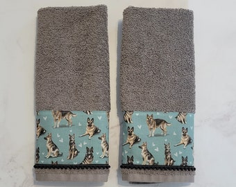 German Shepard Large Hand Towel Set - bathroom and kitchen towels - home decor - ready to ship - great gift - one of a kind
