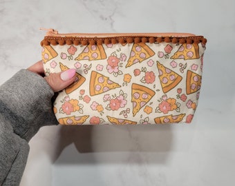 Pepperoni Pizza Floral Small Makeup Pouch - Accessories - Pencil Holder - Purse Organizer - Grad Gift - Easter Basket Stuffer