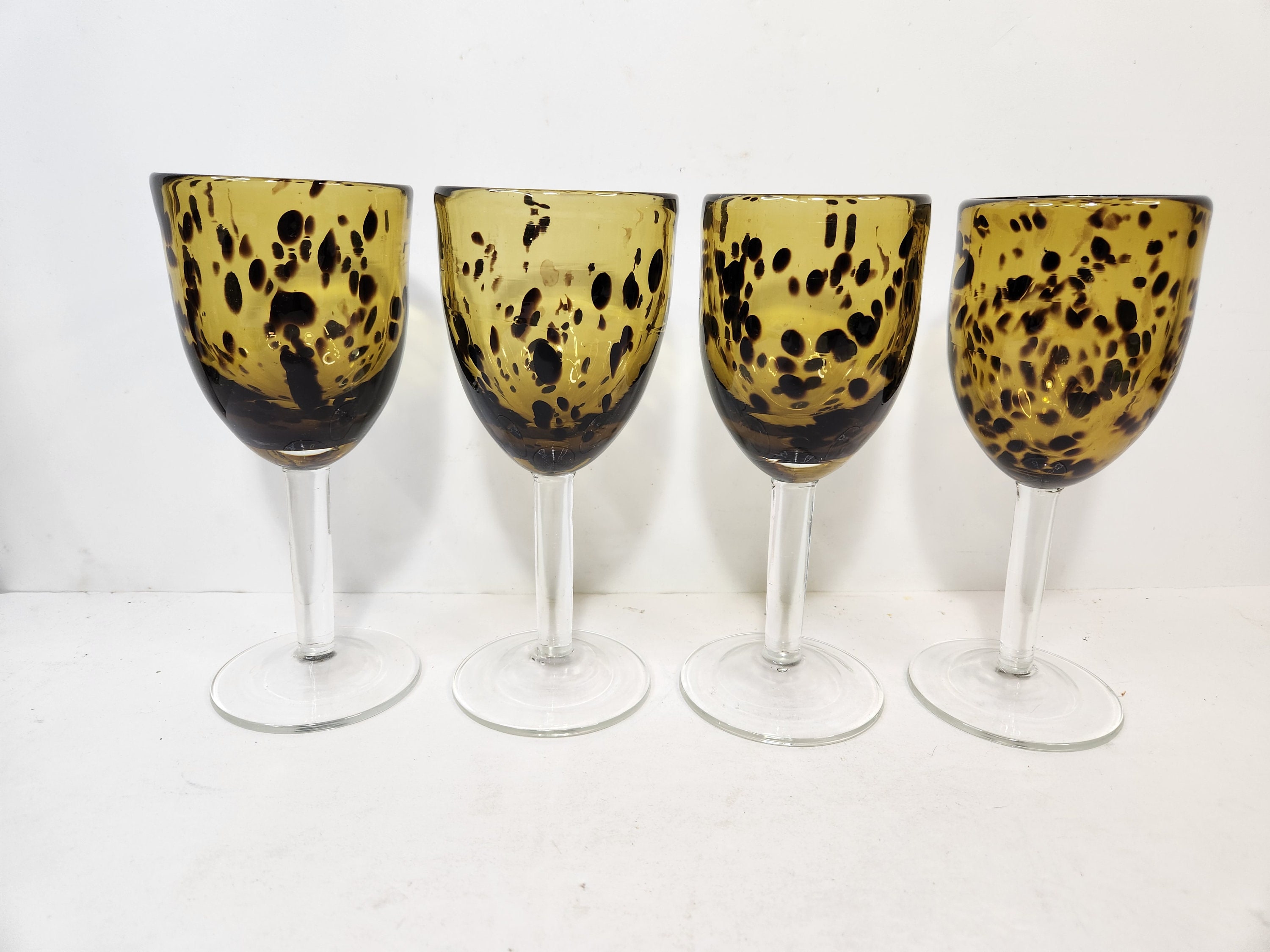 Safari Arland Global ? Blown Tortoise Leopard Print Wine Glass Goblet 8  Set / 2