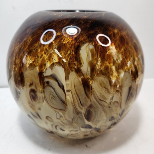 Tortoise Shell Hand Blown Art Glass Rootbeer & Cream Decorative Rose Bowl Vase