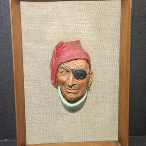 1964 Bossons Smuggler Chalkware Framed Head Plaque Congleton England Pirate Vintage Chalkware Hand Painted Framed Home decor Wall Art