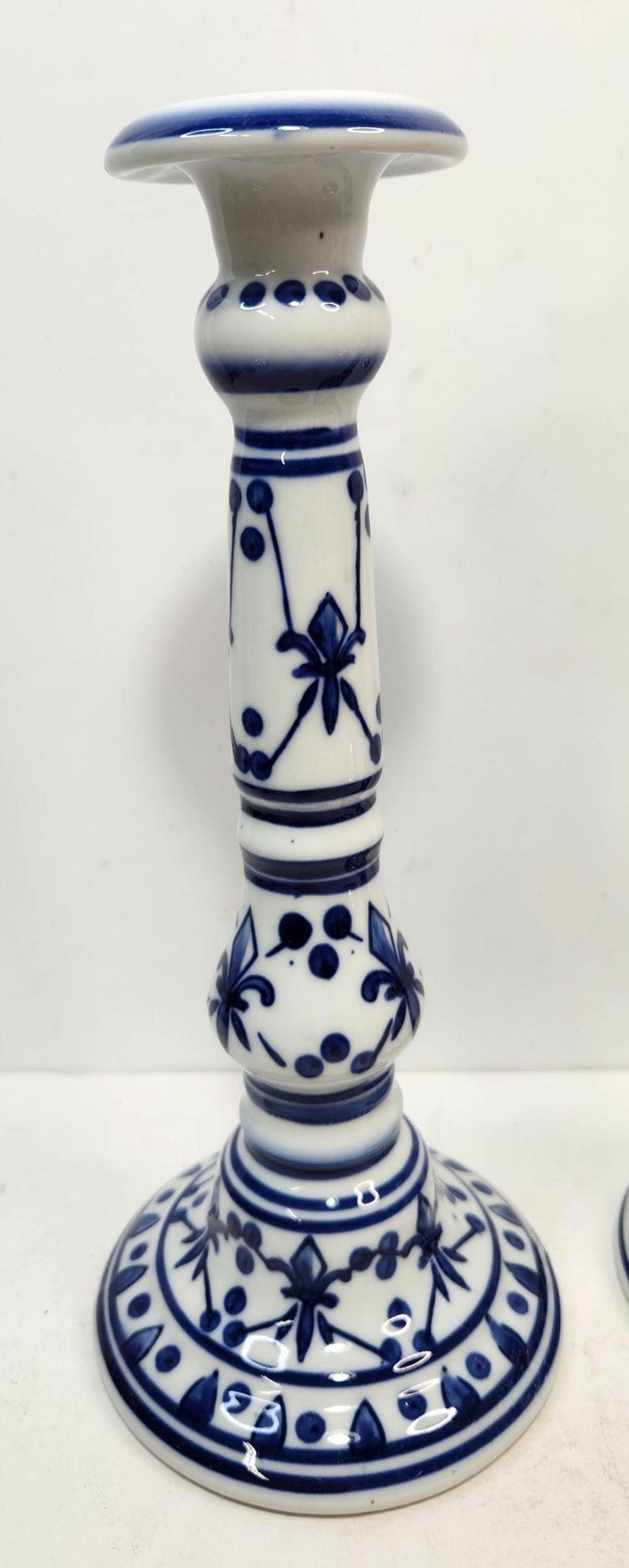 Pair of vintage porcelain French Style fleur-de-lis candle holders Blue On White candlesticks