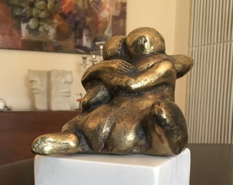 Bronze Couple Sculpture on White Marble Stand, Made to Order