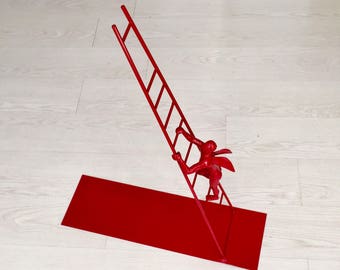 Red Climbing Angel Sculpture, Cast Bronze on Iron Stand