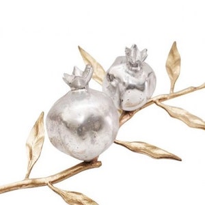 POMEGRANATE SCULPTURE,gold plated branch with two cast aluminum pomegranates,silver pomegranates on a gold branch,modern judaica,jewish gift