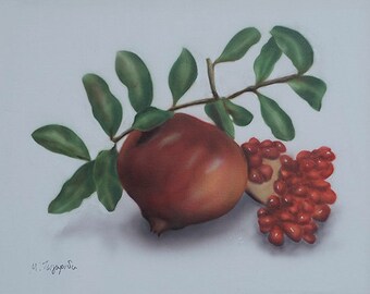 Original Pomegranates Oil Painting, Airbrush Signed Art, Modern Judaica