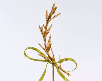 Handmade Raw Bronze Olive Twig Sculpture, Perspex Stand