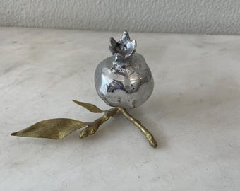 Vintage Metal Pomegranate Figurine, Silver Fruit Decor, Brass Leaves Accent