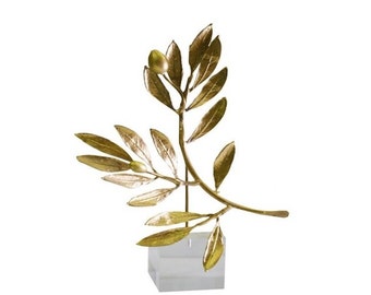 Olive Tree Gold plated bronze sculpture of an olive twig on a Perspex stand. Greek Art.Wedding gift. Handmade and signed.