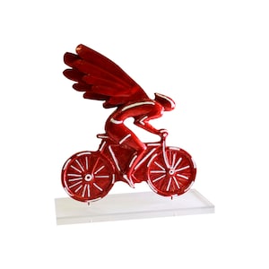 Bicycle Angel Rider sculpture.Casted bronze,enamel colors, perspex stand.Handmade,Signed.Pop Art.Home Bike Decor Gift.Cycling Office Decor