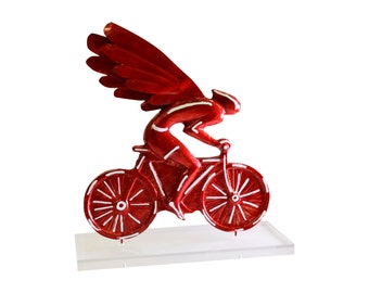 Bronze Bicycle Angel Sculpture, Enamel Pop Art, Handmade Bike Decor