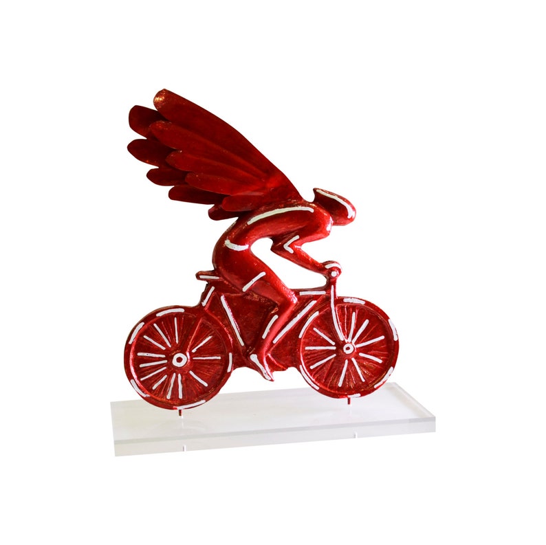 Bicycle Angel Rider sculpture.Casted bronze,enamel colors, perspex stand.Handmade,Signed.Pop Art.Home Bike Decor Gift.Cycling Office Decor image 1