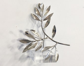 Olive branch, silver plated, perspex stand