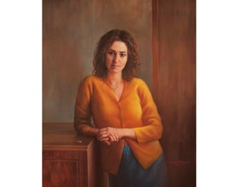 Original Hyperrealistic Oil Portrait, Woman with Red Ring, Signed Art