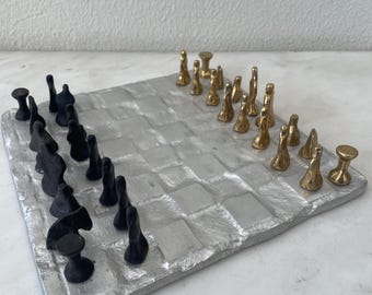 Cast Bronze Musical Instrument Chess Set, Signed Collector's Item