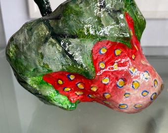 Pop art sculpture, strawberries, mixed media, handmade sculptures.