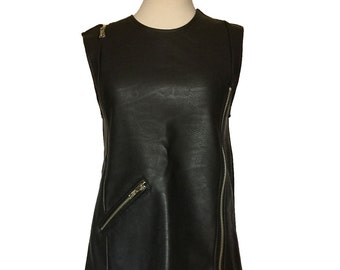 1990s Black Vegan Leather Zipper Mini Dress Mod PVC Faux Leather Goth Grunge Biker Babe Tunic Mini Dress