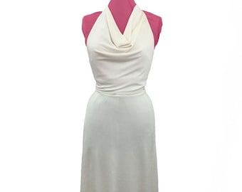 1960s Cream Jersey Knit Bombshell Sexy Marilyn Monroe Maxi Pin-Up Dress Halter Top Body Con Dress with Jacket