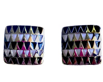 1960s Geometric Clip On Earrings Silvertone & Black Enamel Mid Century Mod Jewelry Minimalist Modernist Square Earrings