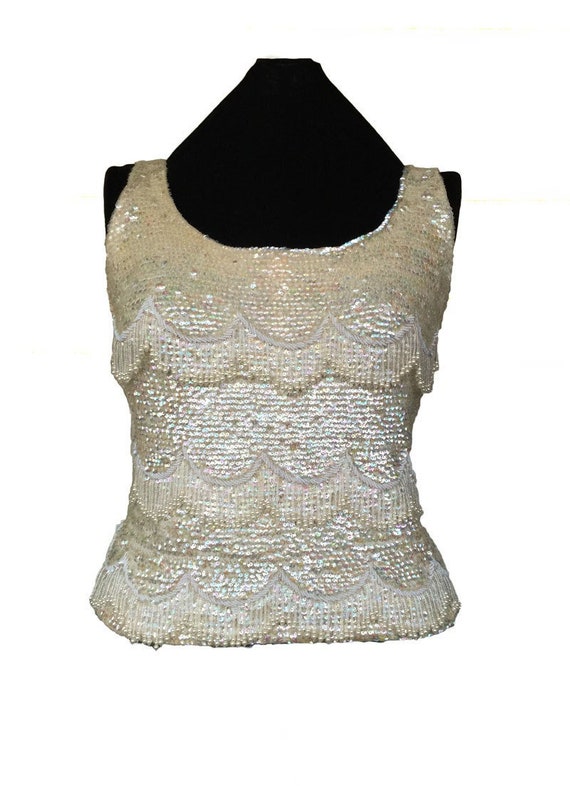 1960s Ivory Jo Ro Imports Hand Beaded Sleeveless T