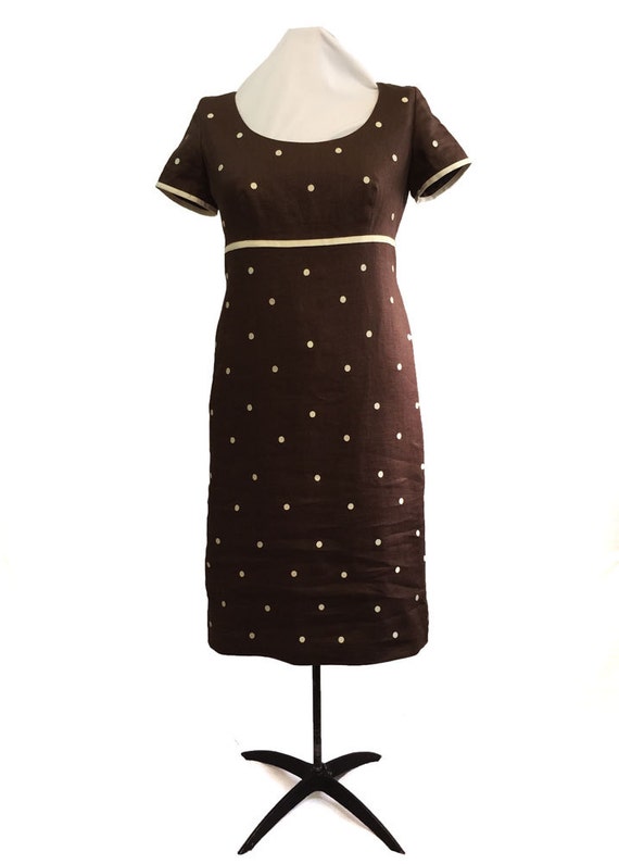 1980s Linen Polka Dot Dress, Preppy Empire Waist … - image 1