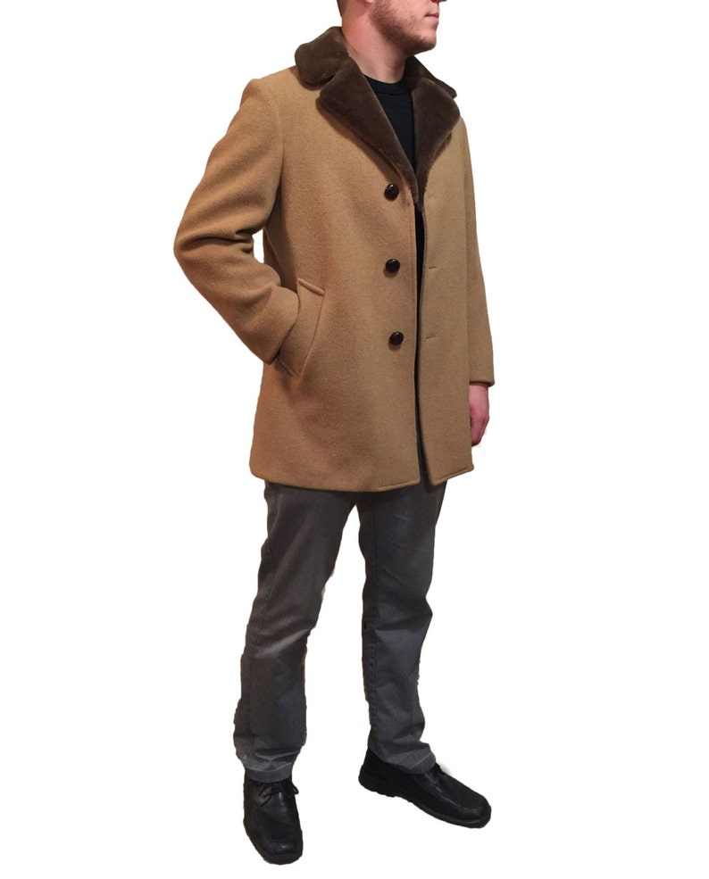 1980s Pendleton 100% Pure Virgin Wool Men's Coat Shearling Collar Car Coat Camel Tan Coat NOT Synthetic image 1