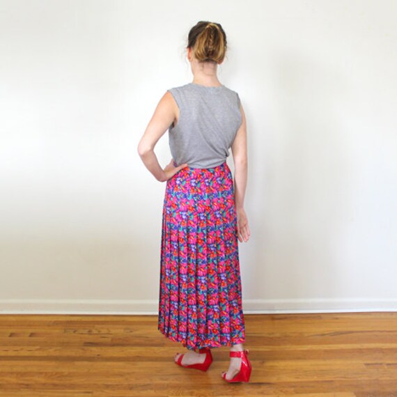 1980s Silk Floral Print Pleated Skirt Boho Hippie… - image 2