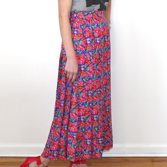 1980s Silk Floral Print Pleated Skirt Boho Hippie… - image 4