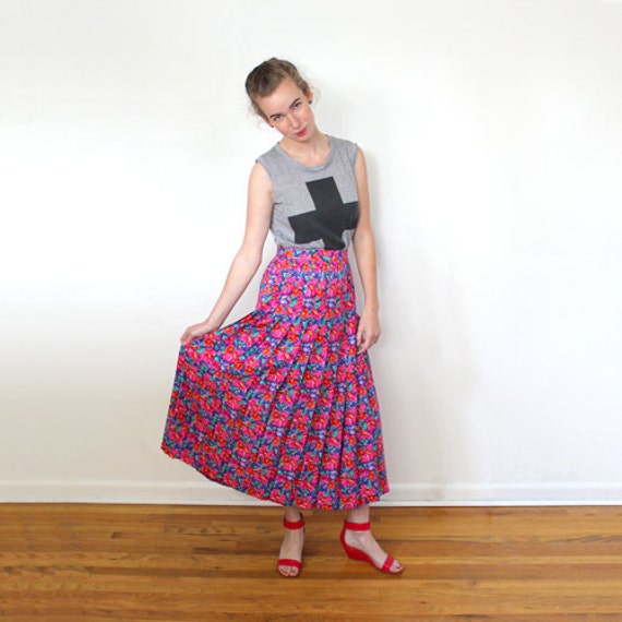 1980s Silk Floral Print Pleated Skirt Boho Hippie… - image 1