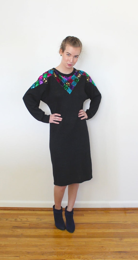 1970s Disco Dress, Graphic Sequin Sweater Dress