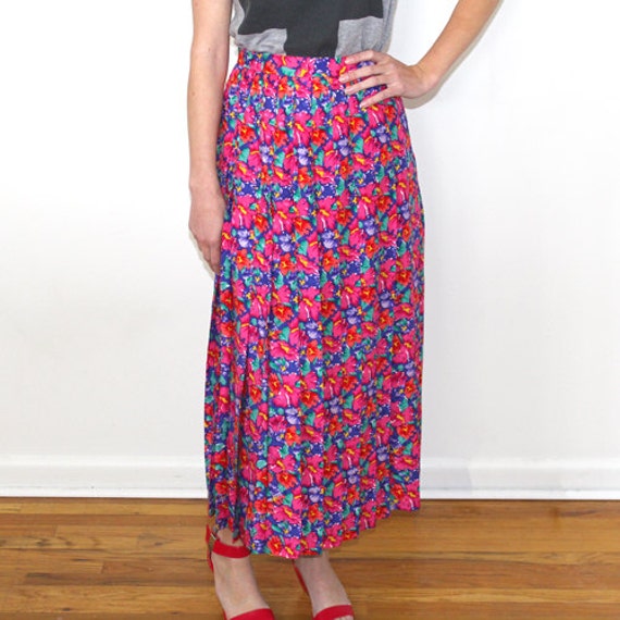 1980s Silk Floral Print Pleated Skirt Boho Hippie… - image 3