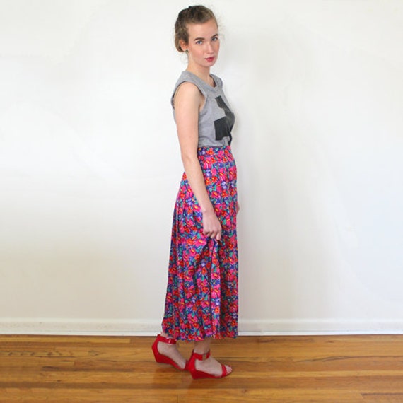 1980s Silk Floral Print Pleated Skirt Boho Hippie… - image 5