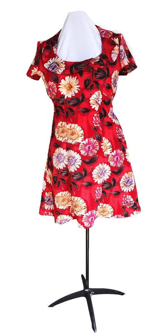1990s Short Floral Flounce Dress; Summer Boho Hipp