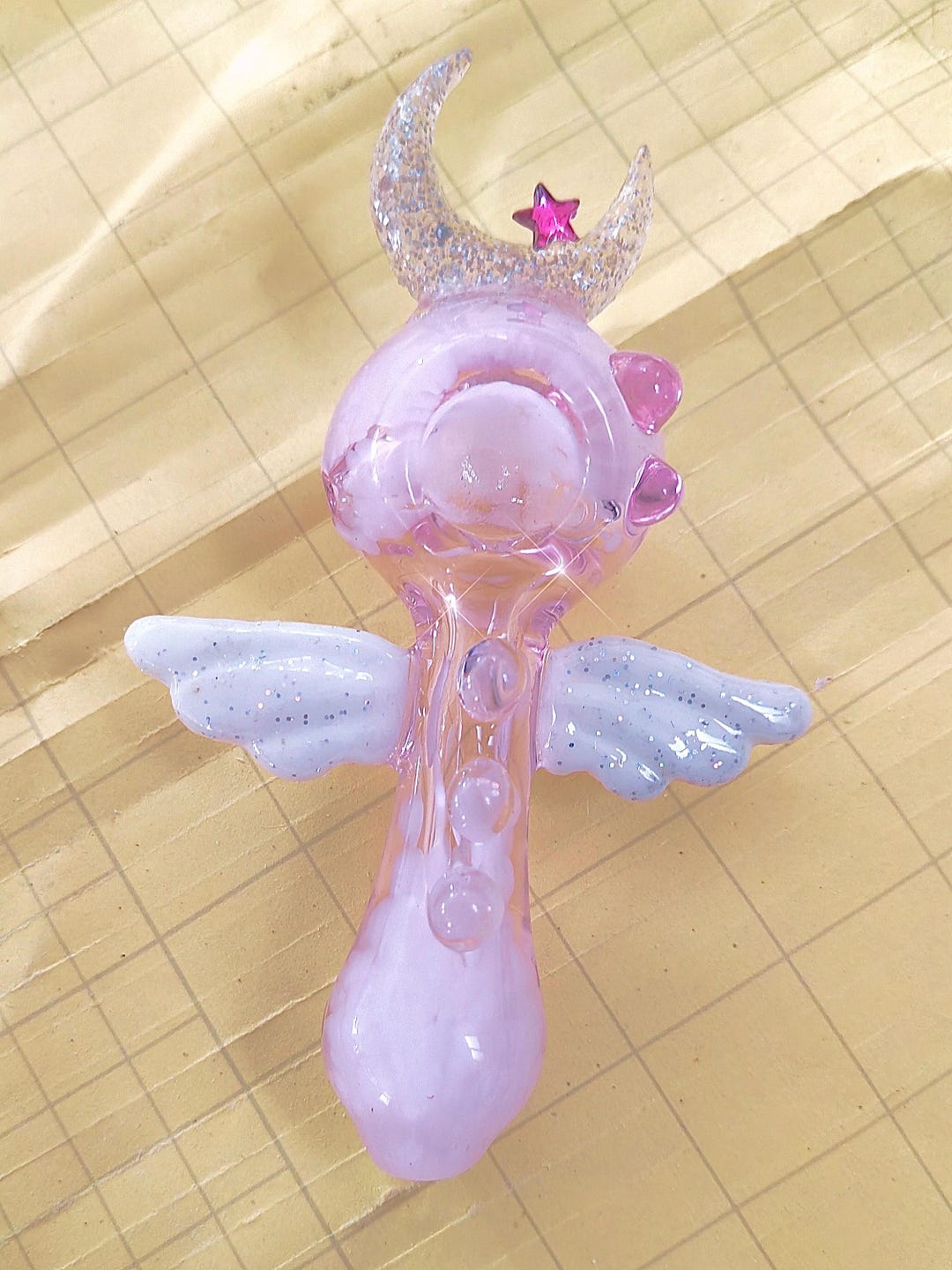 Pink Angel Wing & Moon Glass Hand Pipe, Glitter Pipe, Cloud Pipe, Girly ...