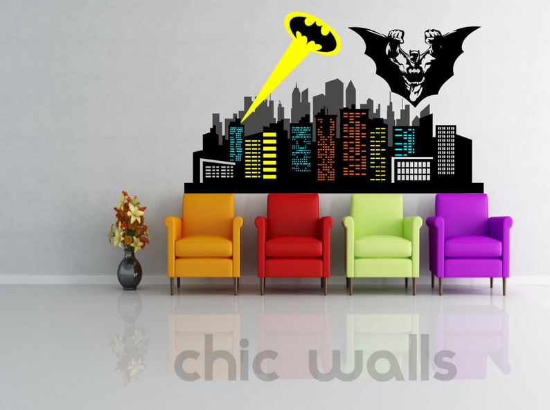 Removable Batman Gotham City Escape Skyline Buildings Lights Wall Decor Decal Sticker Home Nursery Decor