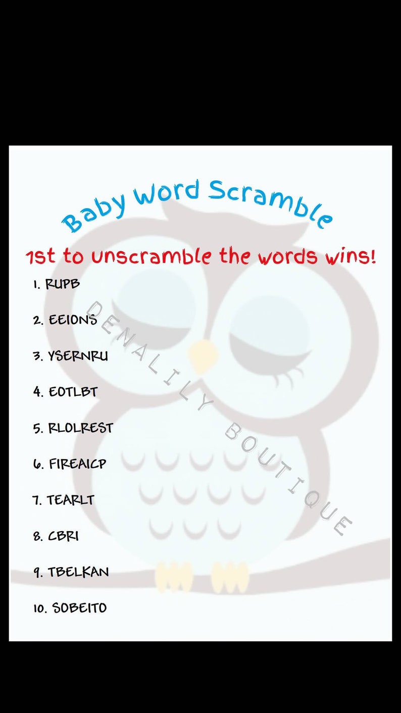 1 answer key included. 1 pack of 25 8x10 sheets Unscramble the Words Baby shower game with blue baby owl background