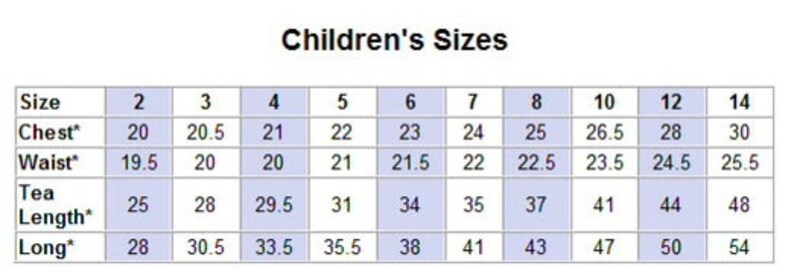 Puede incluir: Una tabla de tallas para ropa de ni&ntilde;os, titulada "Children's Sizes". Muestra medidas de pecho, cintura, largo t&eacute; y largo en pulgadas, desde la talla 2 hasta la 14. La tabla est&aacute; sobre un fondo blanco.